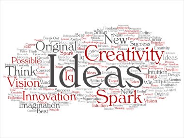 Kavram ya da soyut kelime beyin fırtınası kavramsal yaratıcı yeni bir fikir üzerinde izole arka plan bulut. Spark yaratıcılık, özgün yenilik vizyon, düşünmek, başarı, akıllı dahi metin kolaj