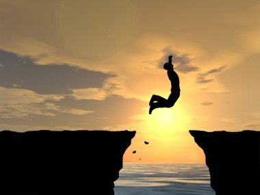 Kavram ya da kavramsal 3d resimde genç adam ya da işadamı siluet atlamak mutlu uçurumun üzerinden su gap gündoğumu veya günbatımı gökyüzü arka plan