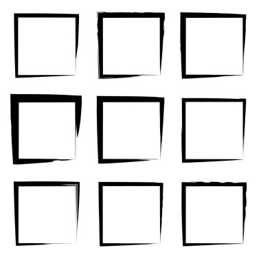 Koleksiyon veya sanatsal siyah boya el kümesi yaratıcı grungy fırça konturu kare kare veya beyaz arka plan üzerinde izole sınırları yaptı. Bir grunge eğitim kroki soyut yaratıcı mürekkep tasarım