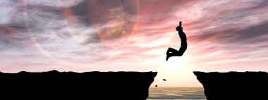 Kavram ya da kavramsal 3d resimde genç adam ya da işadamı siluet atlamak mutlu uçurumun üzerinden su gap gündoğumu veya günbatımı gökyüzü arka plan afiş