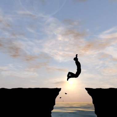 Kavram ya da kavramsal 3d resimde genç adam ya da işadamı siluet atlamak mutlu uçurumun üzerinden su gap gündoğumu veya günbatımı gökyüzü arka plan