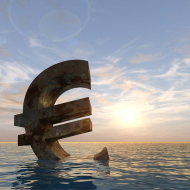Kavramsal 3d illüstrasyon para birimi euro işareti veya simge su, deniz ya da okyanus günbatımı arka plan kavramı Avrupa kriz için batıyor