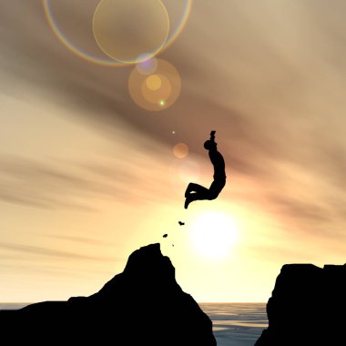 Kavram ya da kavramsal 3d resimde genç adam ya da işadamı siluet atlamak mutlu uçurumun üzerinden su gap gündoğumu veya günbatımı gökyüzü arka plan