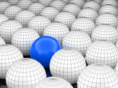 Kavram ya da kavramsal 3d resimde tel kafes siyah beyaz grup küreler veya kalabalık arka plan dışında özel bir farklı bir konumu olan topları