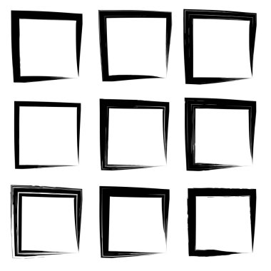 Koleksiyon veya sanatsal siyah boya el kümesi yaratıcı grungy fırça konturu kare kare veya beyaz arka plan üzerinde izole sınırları yaptı. Bir grunge eğitim kroki soyut yaratıcı mürekkep tasarım