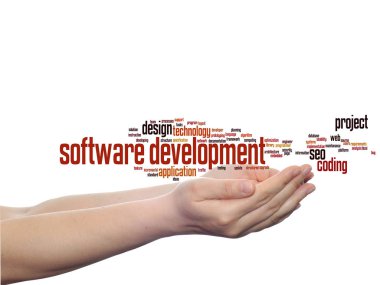 Kavram ya da teknoloji soyut kelime bulut üzerinde arka izole elinde kodlama kavramsal yazılım geliştirme projesi