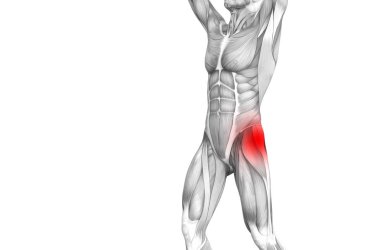 Kırmızı sıcak nokta inflamasyon eklem eklem ağrısı için bacak sağlık tedavi veya spor kas kavramı ile kavramsal hip insan anatomisi. 3D çizim adam artrit veya kemik boğaz osteoporoz hastalığı