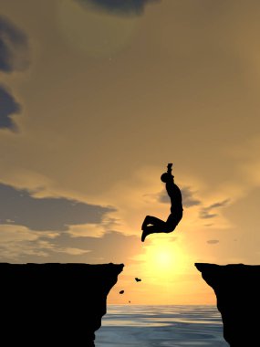 Kavram ya da kavramsal 3d resimde genç adam ya da işadamı siluet atlamak mutlu uçurumun üzerinden su gap gündoğumu veya günbatımı gökyüzü arka plan