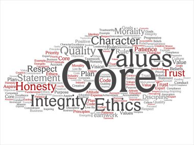 Kavramsal temel değerleri bütünlük etik kavramı kelime izole bulut arka plan soyut. Dürüstlük kalite güven, deyim, karakter, önemli azim, saygı güvenilir metin kolaj