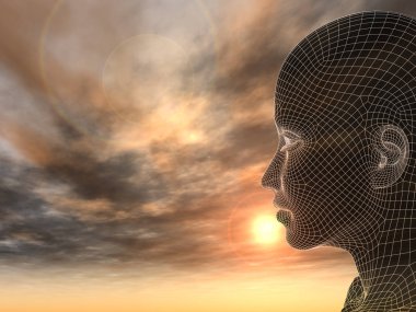 Kavram ya da kavramsal 3d illüstrasyon soyut tel kafes genç insan erkek ya da kadın kafası, günbatımı gökyüzü arka plan