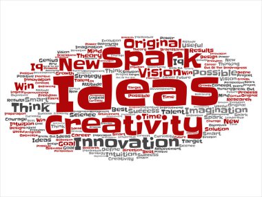 Kavram ya da soyut kelime beyin fırtınası kavramsal yaratıcı yeni bir fikir üzerinde izole arka plan bulut. Spark yaratıcılık, özgün yenilik vizyon, düşünmek, başarı, akıllı dahi metin kolaj