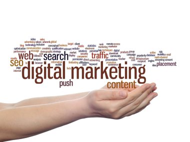 Kavram ya da kavramsal dijital pazarlama seo veya trafik soyut kelime bulutu içinde arka plan üzerinde izole el