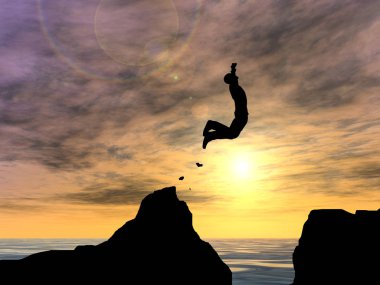 Kavram ya da kavramsal 3d resimde genç adam ya da işadamı siluet atlamak mutlu uçurumun üzerinden su gap gündoğumu veya günbatımı gökyüzü arka plan