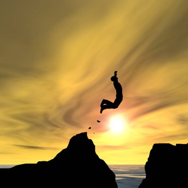 Kavram ya da kavramsal 3d resimde genç adam ya da işadamı siluet atlamak mutlu uçurumun üzerinden su gap gündoğumu veya günbatımı gökyüzü arka plan