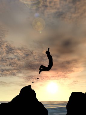 Kavram ya da kavramsal 3d resimde genç adam ya da işadamı siluet atlamak mutlu uçurumun üzerinden su gap gündoğumu veya günbatımı gökyüzü arka plan