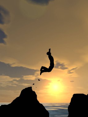Kavram ya da kavramsal 3d resimde genç adam ya da işadamı siluet atlamak mutlu uçurumun üzerinden su gap gündoğumu veya günbatımı gökyüzü arka plan