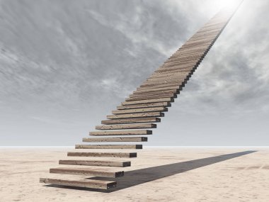 Kavram ya da kavramsal 3d illüstrasyon merdiven merdiven cennete çölde bulutlu gökyüzü arka plan üzerinde