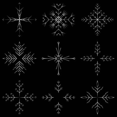 Koleksiyon artistik buz gibi soyut kristal kar kış Aralık dekorasyon grup veya koleksiyon olarak izole üzerinde arka plan pul. Buz veya Don güzel yıldız süs siluet veya sezon resmi