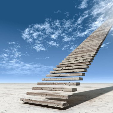 Kavram ya da kavramsal 3d illüstrasyon merdiven merdiven cennete çölde bulutlu gökyüzü arka plan üzerinde