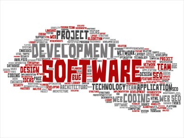 Kavram ya da kavramsal yazılım geliştirme projesi teknoloji soyut kelime bulutu kodlama arka plan izole. Uygulama web tasarım, seo fikir, uygulama, test yükseltme metin kolaj