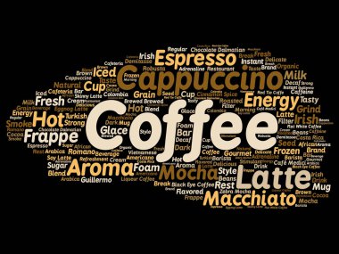 Kavramsal yaratıcı sıcak sabah İtalyan kahve molası, cappuccino veya espresso restoran veya kafeterya soyut arka plan üzerinde izole içecek kelime bulutu. Bir enerji ya da tat içecek konsepti metin