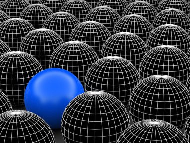 Kavram ya da kavramsal 3d resimde tel kafes siyah beyaz grup küreler veya kalabalık arka plan dışında özel bir farklı bir konumu olan topları