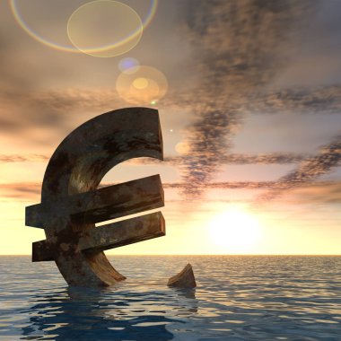 Kavramsal 3d illüstrasyon para birimi euro işareti veya simge su, deniz ya da okyanus günbatımı arka plan kavramı Avrupa kriz için batıyor