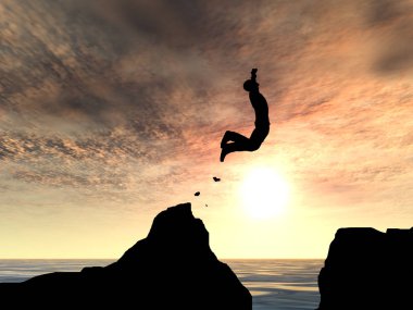 Kavram ya da kavramsal 3d resimde genç adam ya da işadamı siluet atlamak mutlu uçurumun üzerinden su gap gündoğumu veya günbatımı gökyüzü arka plan