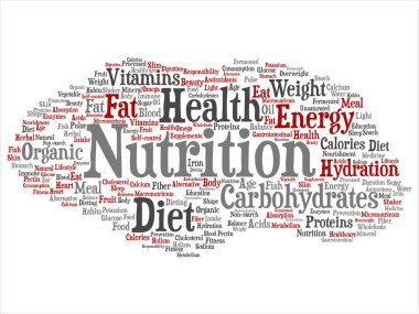 Kavram ya da kavramsal beslenme sağlık diyet soyut kelime izole bulut arka plan. Karbonhidratlar, vitaminler, yağ, ağırlık, enerji, antioksidanlar Güzellik Tıp, mineral, protein metin kolaj