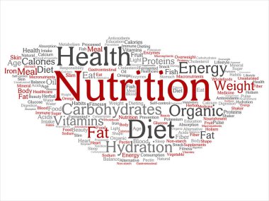 Kavram ya da kavramsal beslenme sağlık diyet soyut kelime izole bulut arka plan. Karbonhidratlar, vitaminler, yağ, ağırlık, enerji, antioksidanlar Güzellik Tıp, mineral, protein metin kolaj