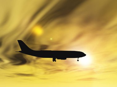 Günbatımında veya gündoğumunda gökyüzünde uçan kavramsal ya da kavramsal siyah uçak, uçak ya da silueti