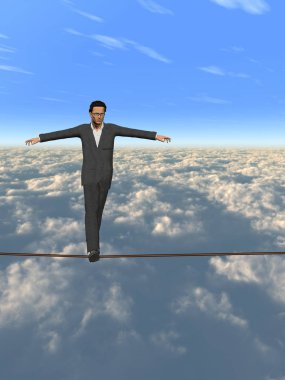 3d işadamı veya kriz dengede ipi bulutlar gökyüzü dikey arka plan üzerinde yürüyen adam kavramsal kavramı