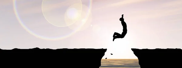 Concept Conceptual Illustration Young Man Businessman Silhouette Jump Happy Cliff — Stock Photo, Image