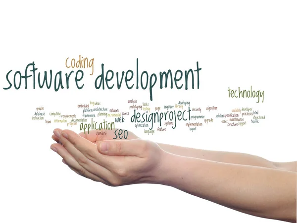 Conceito Projeto Desenvolvimento Software Conceitual Codificação Nuvem Palavra Abstrata Tecnologia — Fotografia de Stock