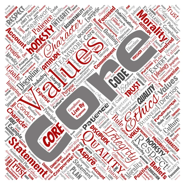 Conceptual core values integrity ethics square red concept word cloud isolated background. Collage of honesty quality trust, statement, character, perseverance, respect and trustworthy