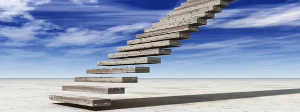 Concept or conceptual 3D illustration stair steps to heaven on sky background in desert with clouds banner