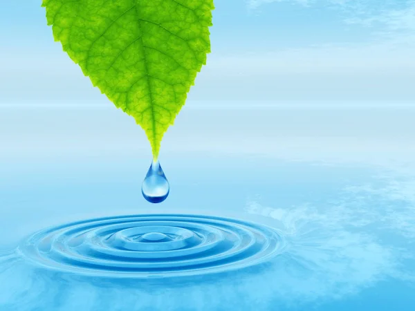 Concept or conceptual clean spring water or dew drop falling from a green fresh leaf on 3D illustration blue clear water making waves