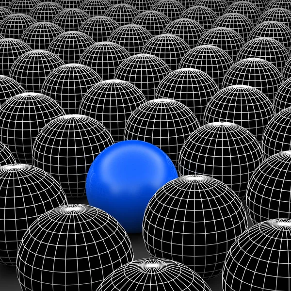 概念または概念の 球または群衆背景から特別な別の つ立っているとボールの図黒と白のワイヤ フレーム グループ — ストック写真