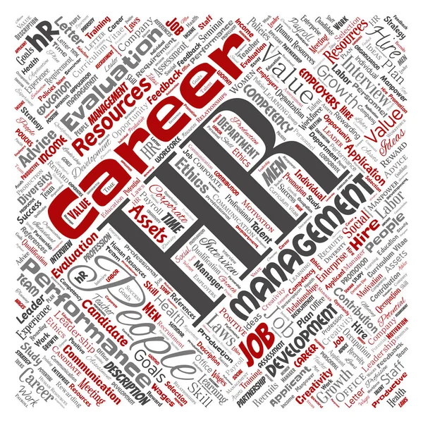Concept conceptual hr or human resources career management square red word cloud isolated background. Collage of workplace, development, hiring success, competence goal, corporate or job