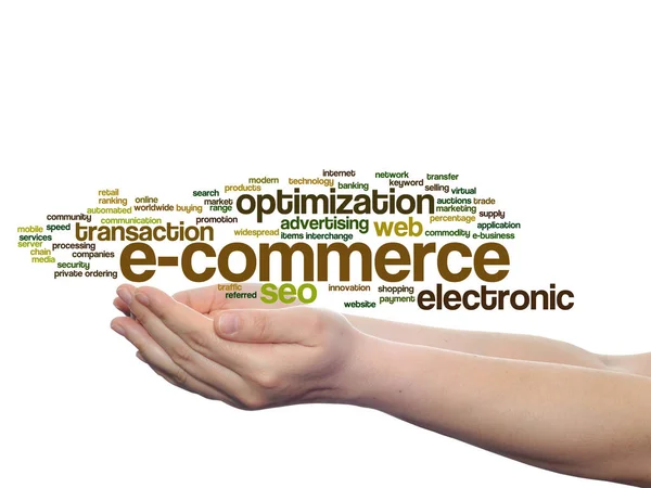 Conceito Conceitual Commerce Vendas Eletrônicas Resumo Nuvem Palavras Mãos Isoladas — Fotografia de Stock