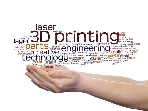 Concept or conceptual 3D printing creative laser technology abstract word cloud in hands isolated on background