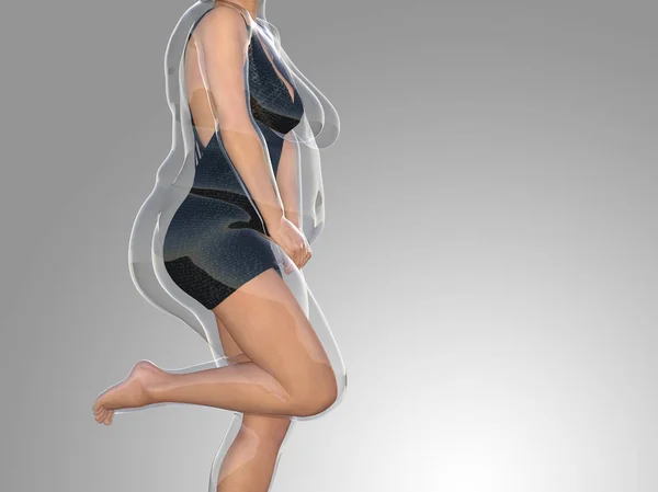 Kavramsal şişman kilolu obez kadın vs fit sağlıklı vücut kilo kaybını takiben ince ya da kas ince genç kadınla gri diyet. Fitness, beslenme veya şişmanlık obezite sağlık şekil 3d çizim