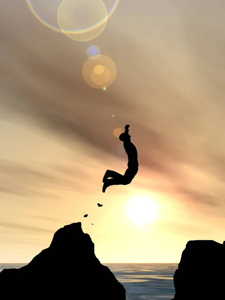 Concept Conceptual Illustration Young Man Businessman Silhouette Jump Happy Cliff — Stock Photo, Image