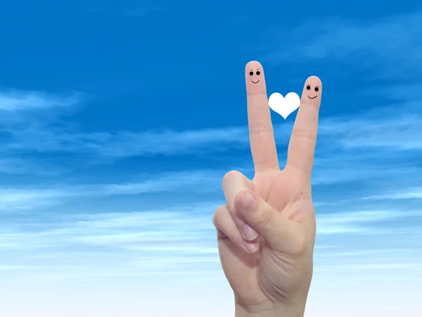 Concept or conceptual human or female hands with two fingers painted with a red heart and smiley faces over cloud blue sky background