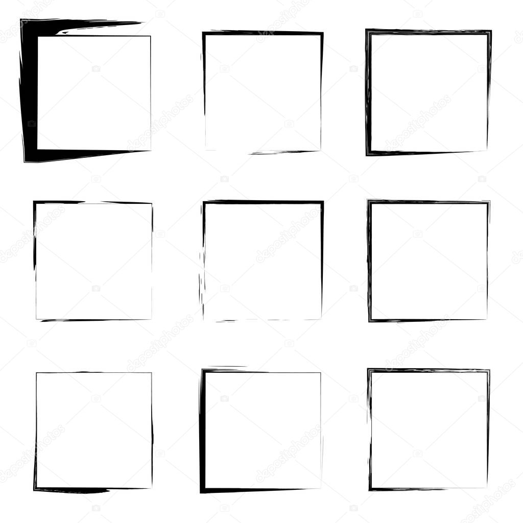 Collection or set of artistic black paint hand made creative grungy brush stroke square frames or borders isolated on white background. A grunge education sketch abstract creative ink design