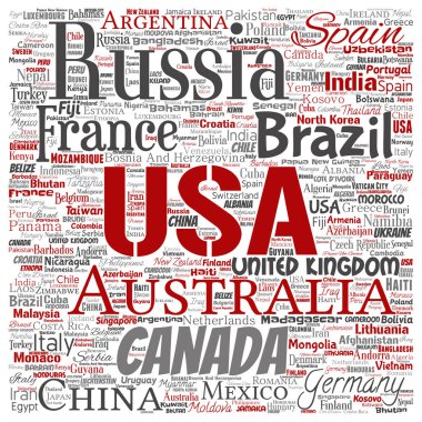 Vektör kavramsal dünya ülke ya da kıta kare kırmızı küresel birlik veya tatil seyahat kelime izole bulut arka plan. Uluslararası ulus coğrafya eğitim veya Turizm konsept tasarımı kolaj