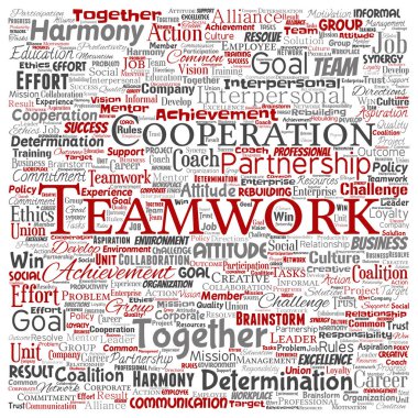 Kavramsal ekip çalışması yönetimi kare kırmızı ortaklık fikri veya başarı hedef sözcük vektör izole arka plan bulut. Kolaj bir iş stratejisi olarak grup işbirliği çözüm ya da takım konsept tasarımı