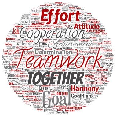 Vektör kavramsal ekip çalışması yönetimi yuvarlak daire kırmızı ortaklık fikri, başarı hedefi word cloud izole arka plan. Kolaj bir iş stratejisi olarak grup işbirliği çözüm ya da takım konsept tasarımı