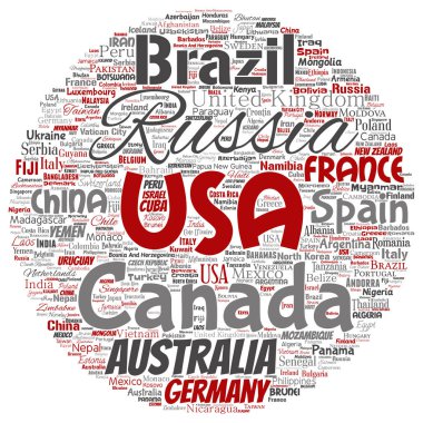 Vektör kavramsal dünya ülke ya da kıta yuvarlak daire kırmızı küresel birlik, tatil seyahat etmek sözcük izole arka plan bulut. Kolaj Uluslararası ulus coğrafya eğitim, turizm konsept tasarımı