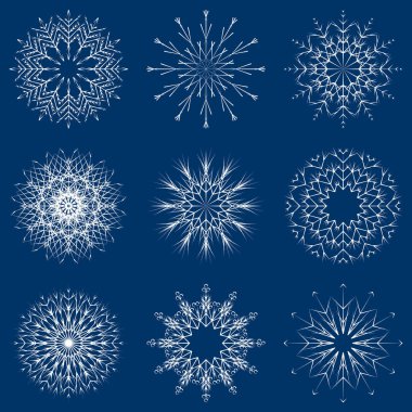 Vektör toplama artistik buz gibi soyut kristal kar kış Aralık dekorasyon grup veya koleksiyon olarak izole üzerinde arka plan pul. Buz veya Don güzel yıldız süs siluet veya sezon resmi